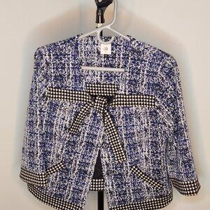 CAbi Tweed Bow Jacket - Size Medium - Blue with Houndstooth Trim